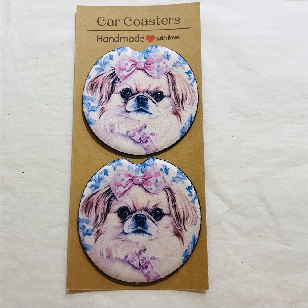 Adorable Pekingese Dog Neoprene Car Coasters Set Handmade